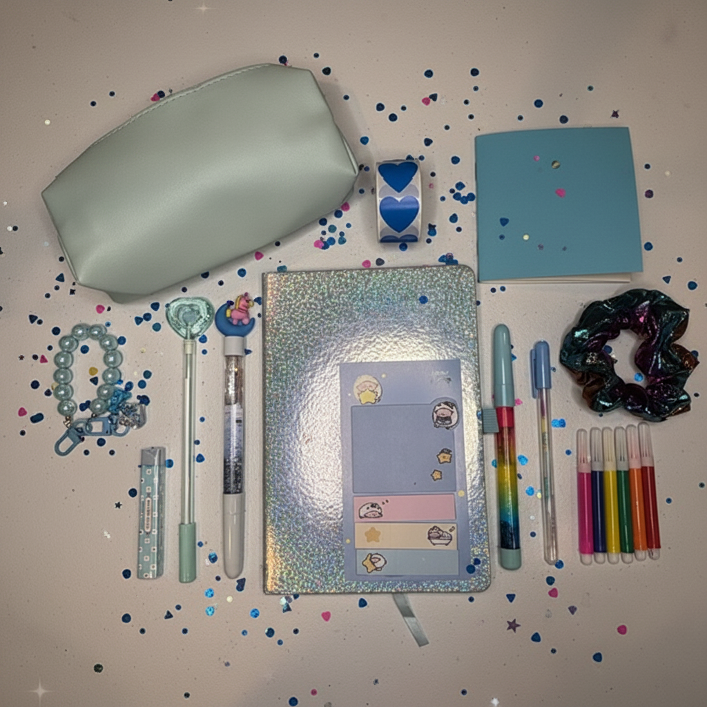 Premier Bundle blue stationery flat lay with confetti