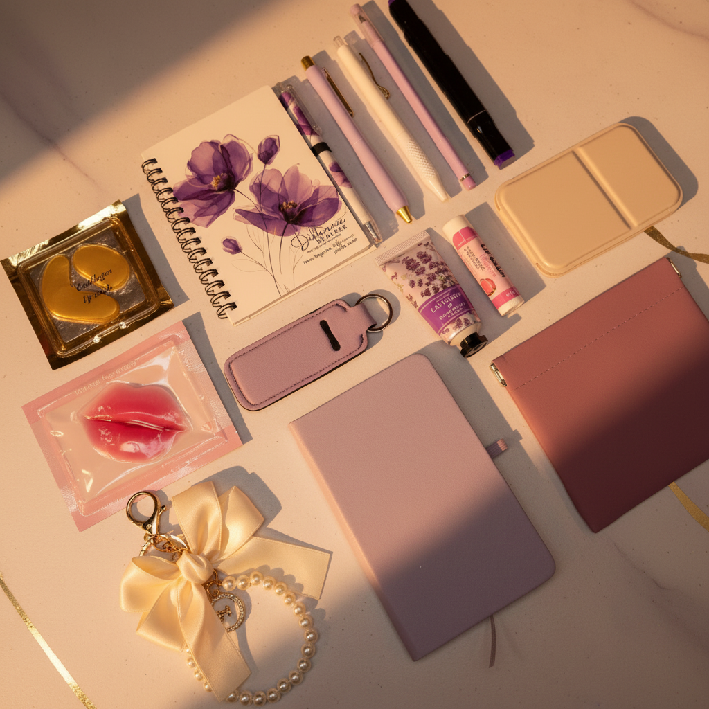 Luxurious purple self-care bundle flatlay on blush marble with pearl beads and gold foil accents