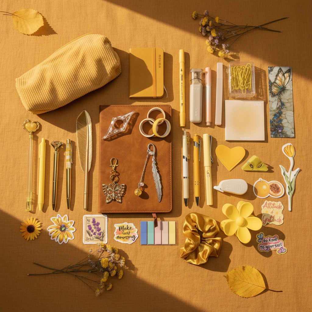 Warm and inviting golden yellow flatlay bundle with journal, pens, charms, and accessories