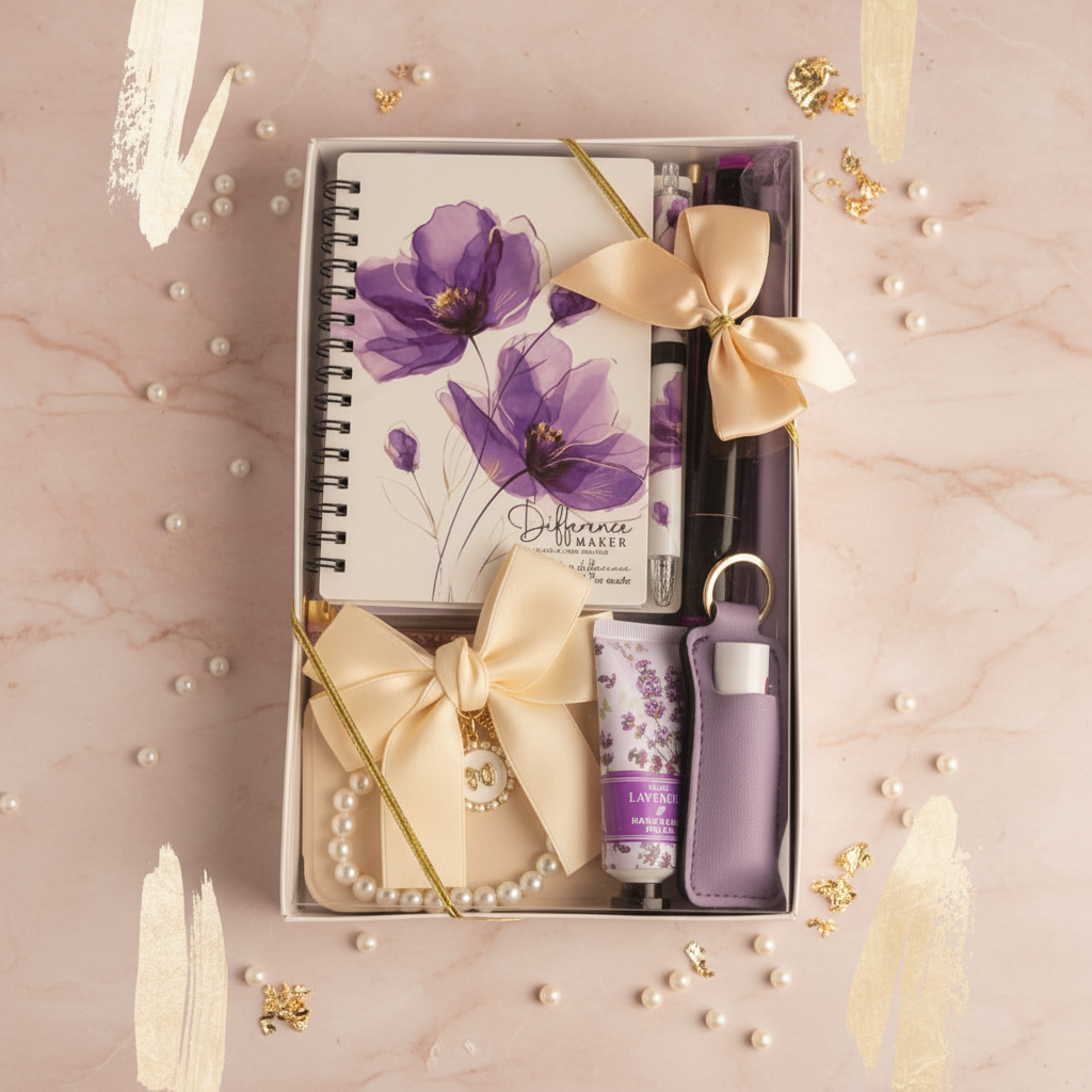 Luxurious purple mini self-care gift box on blush marble with pearl beads and gold foil accents