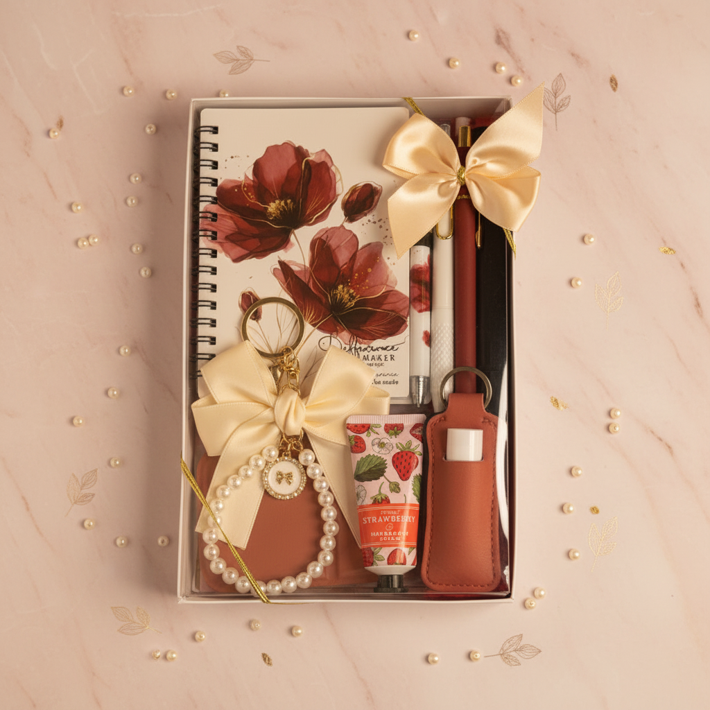 Luxurious red mini self-care gift box on blush marble with pearl beads and gold foil accents