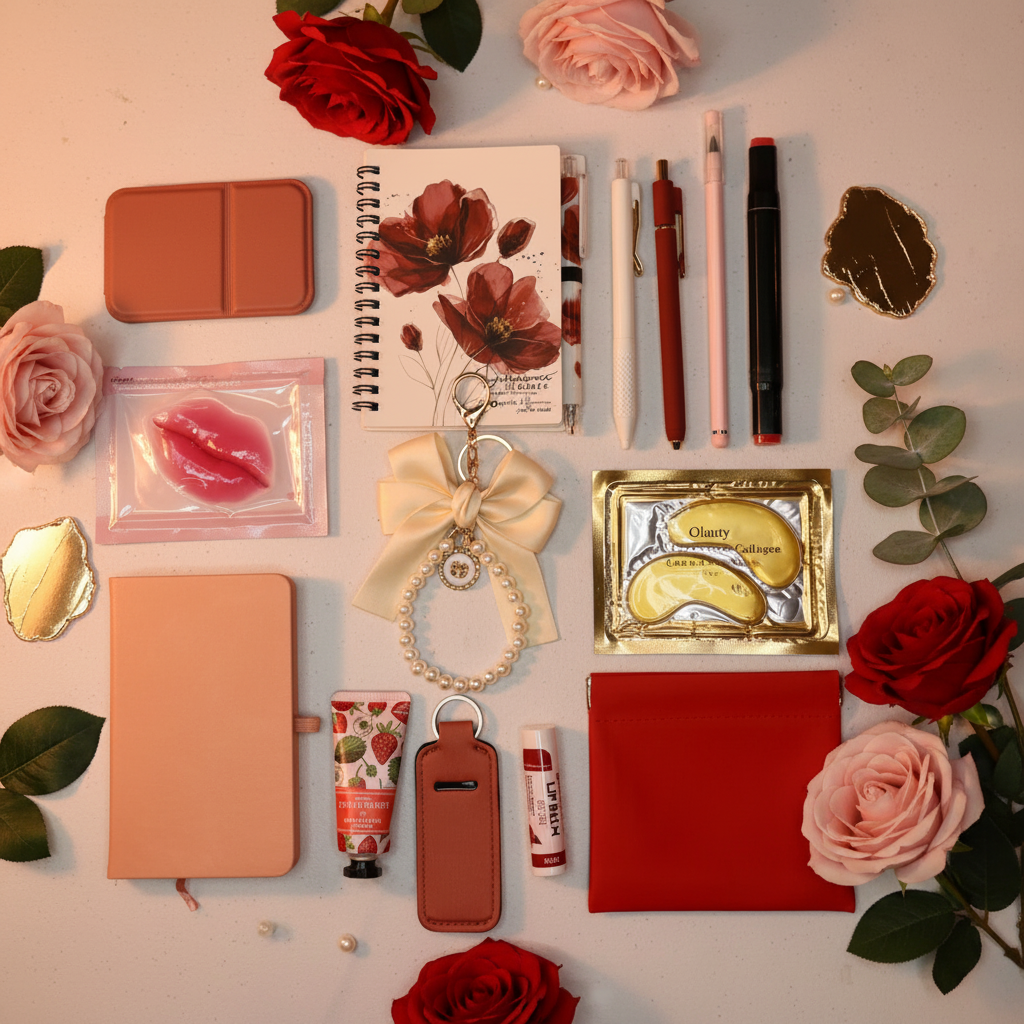 Luxurious self-care bundle flatlay with roses, pearl beads, and gold foil accents on blush marble