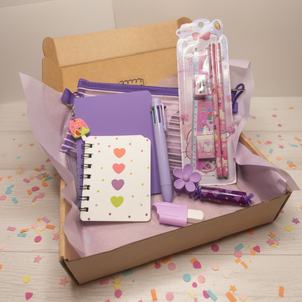 Purple mini bundle in box with confetti on table