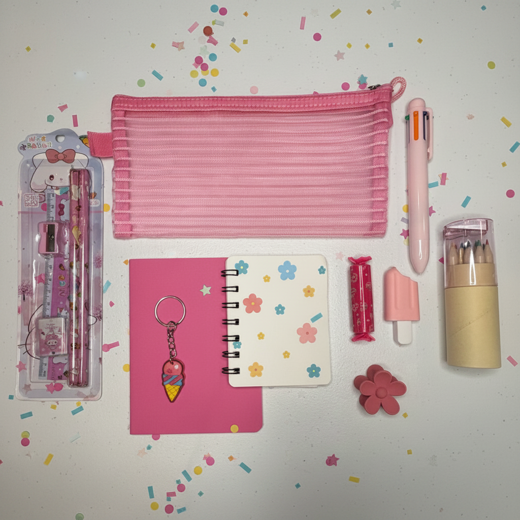 Pink essentials flat lay with confetti