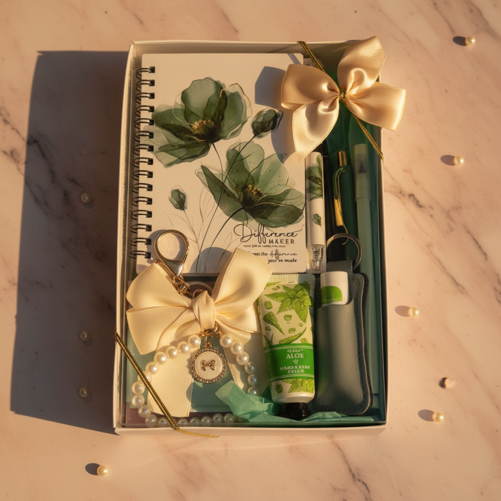 Luxurious green mini self-care gift box on blush marble with pearl beads and gold foil accents