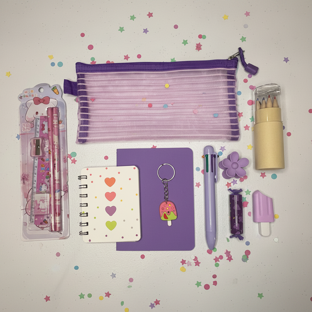 Purple essentials flat lay with confetti