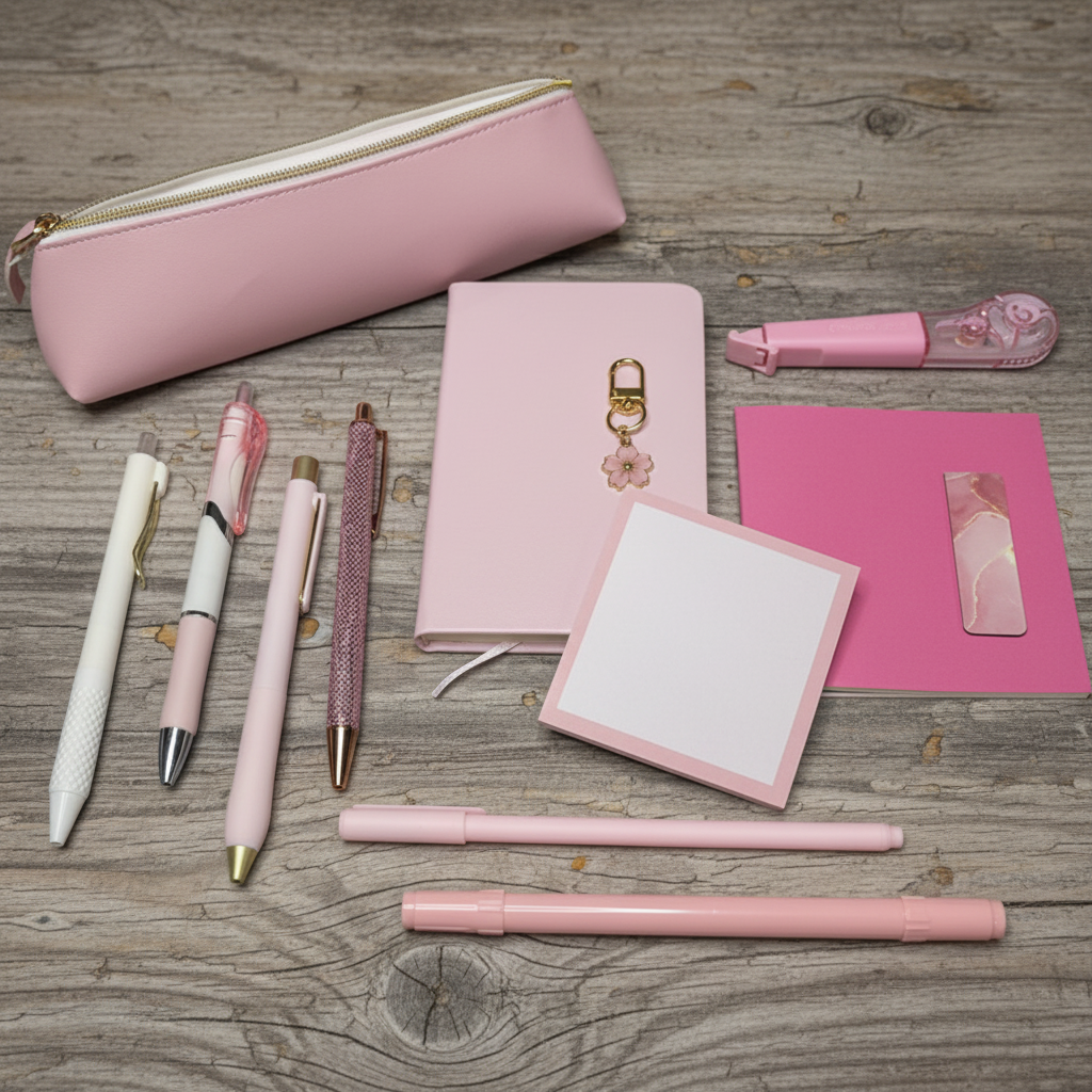 Pink starter kit flat lay on rustic wood surface