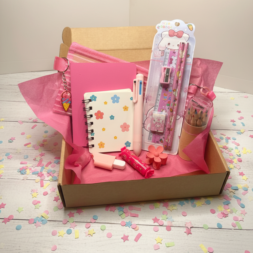 Pink bundle in box with confetti on white wood surface