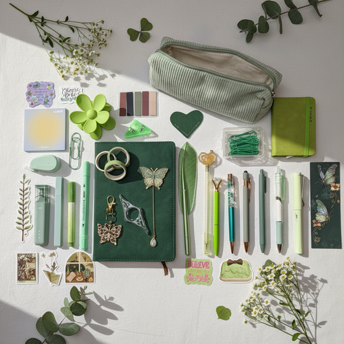 Fresh and inviting green bundle flatlay with leaves, wildflowers, and eucalyptus accents