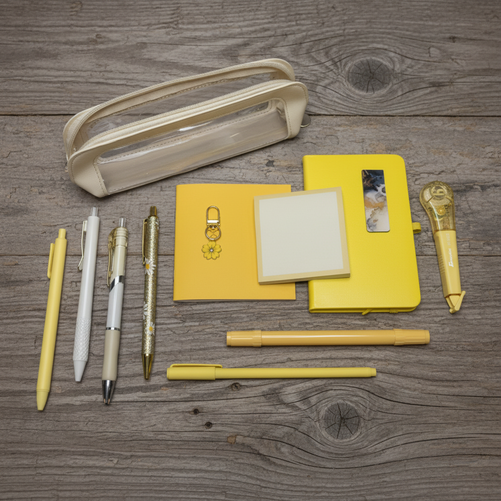 Yellow starter kit flat lay on rustic wood surface
