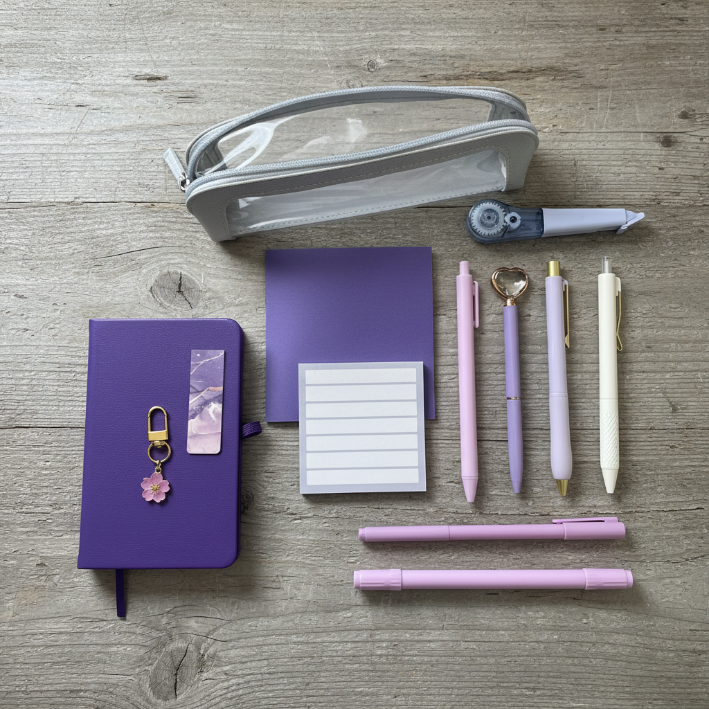 Purple starter kit flat lay on rustic wood surface
