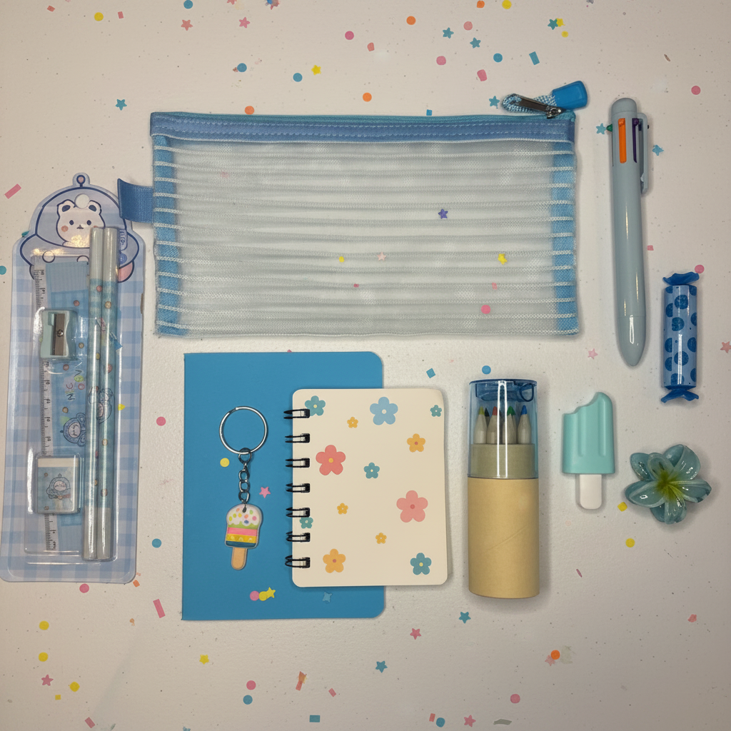 Blue essentials flat lay with confetti