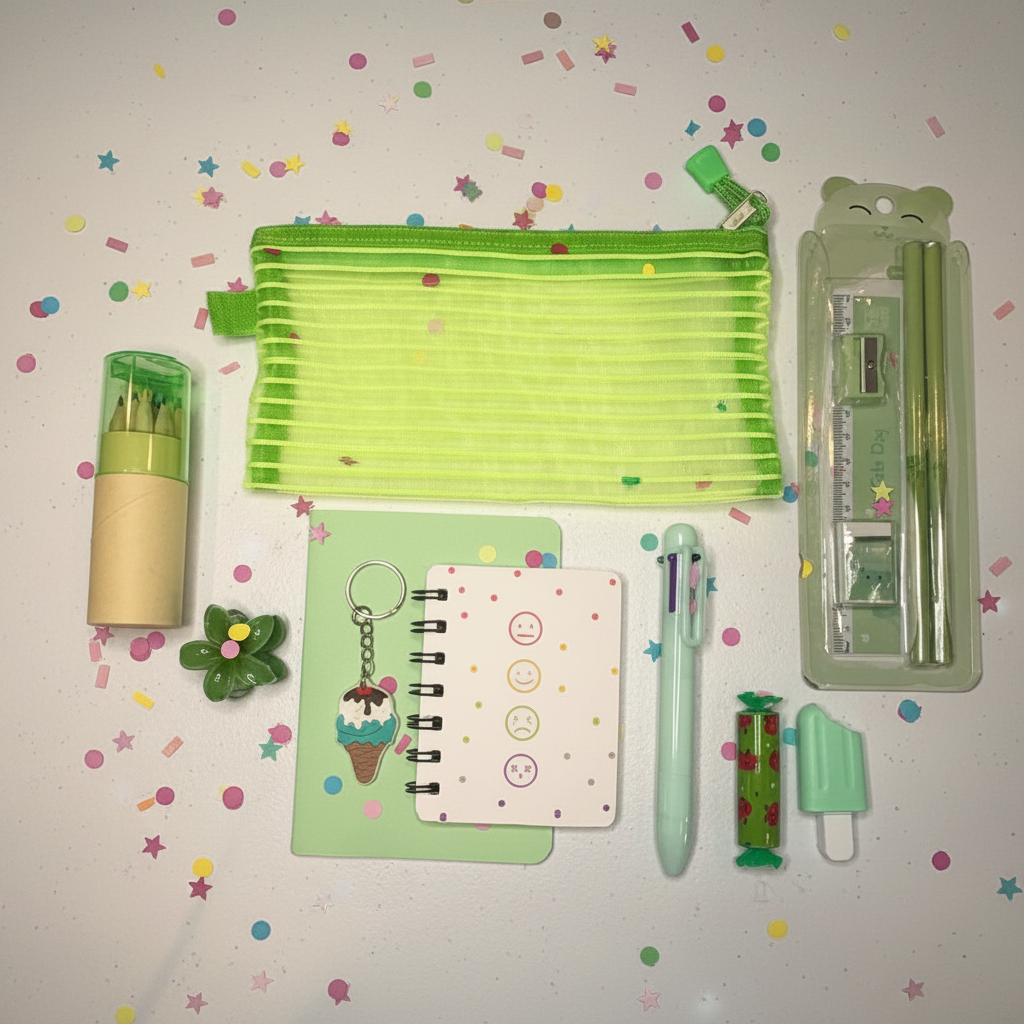 Green essentials flat lay with confetti