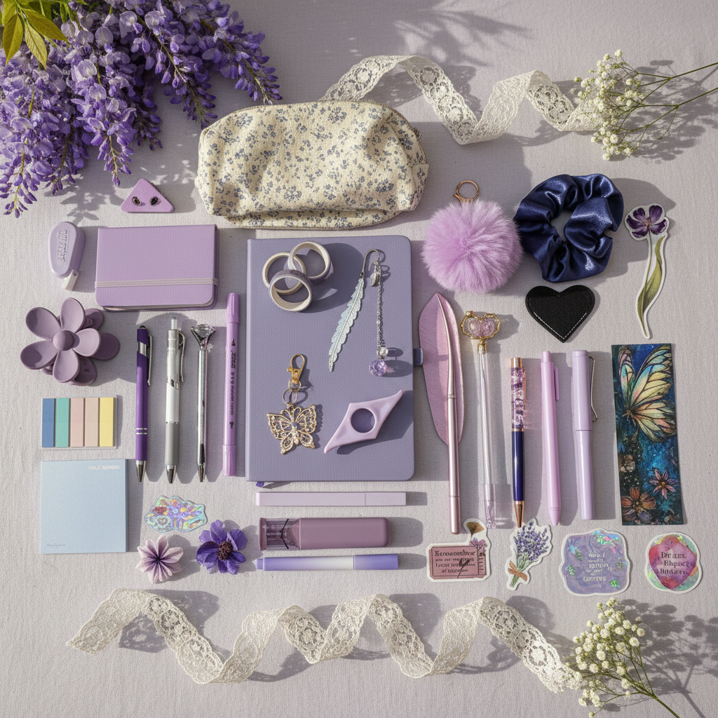 Elegant purple bundle flatlay with wisteria, lavender, lace trim, and baby's breath accents