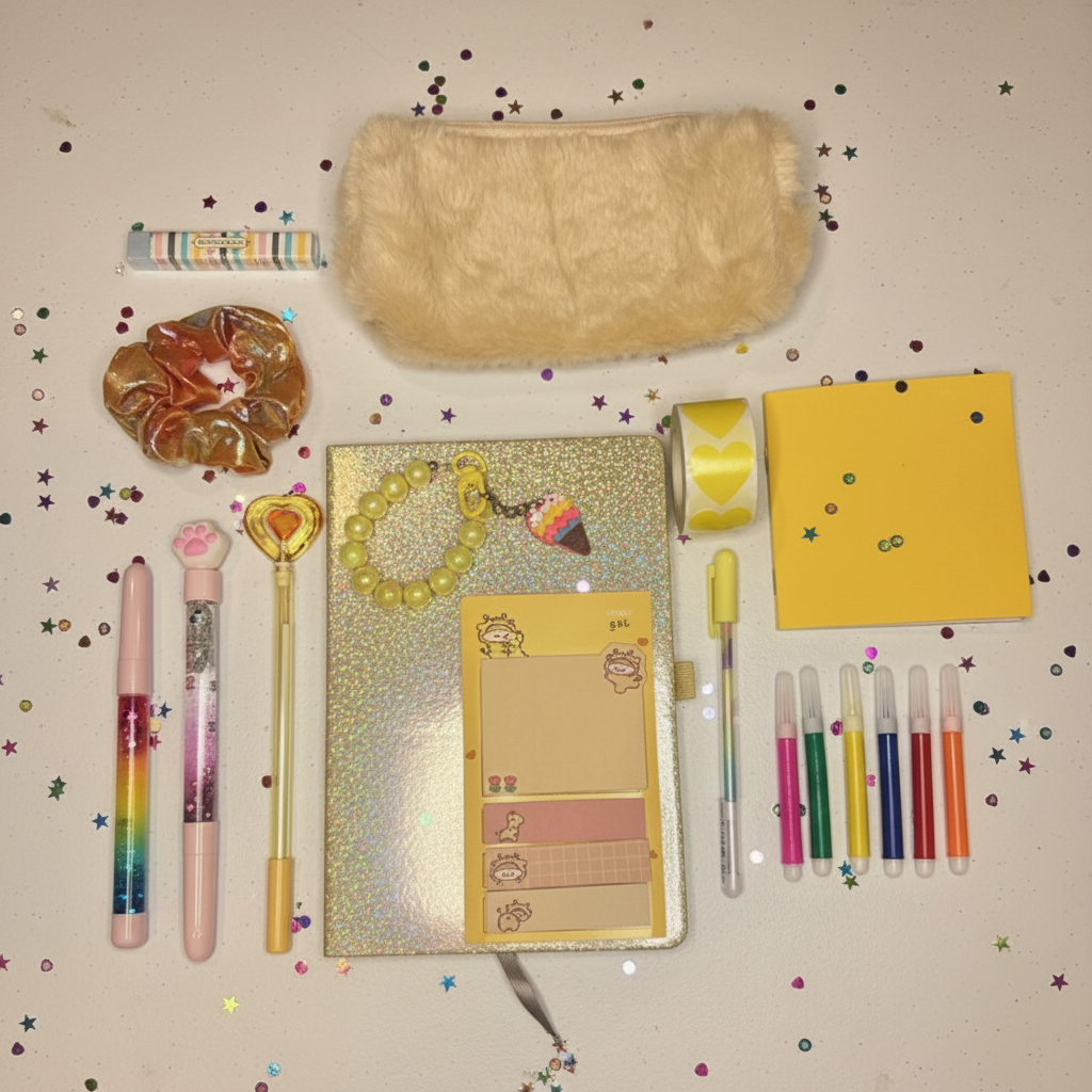 Premier Bundle yellow stationery flat lay with confetti