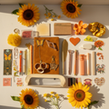 Sunny and bright orange bundle flatlay with sunflowers, orange slices, and yellow wildflowers