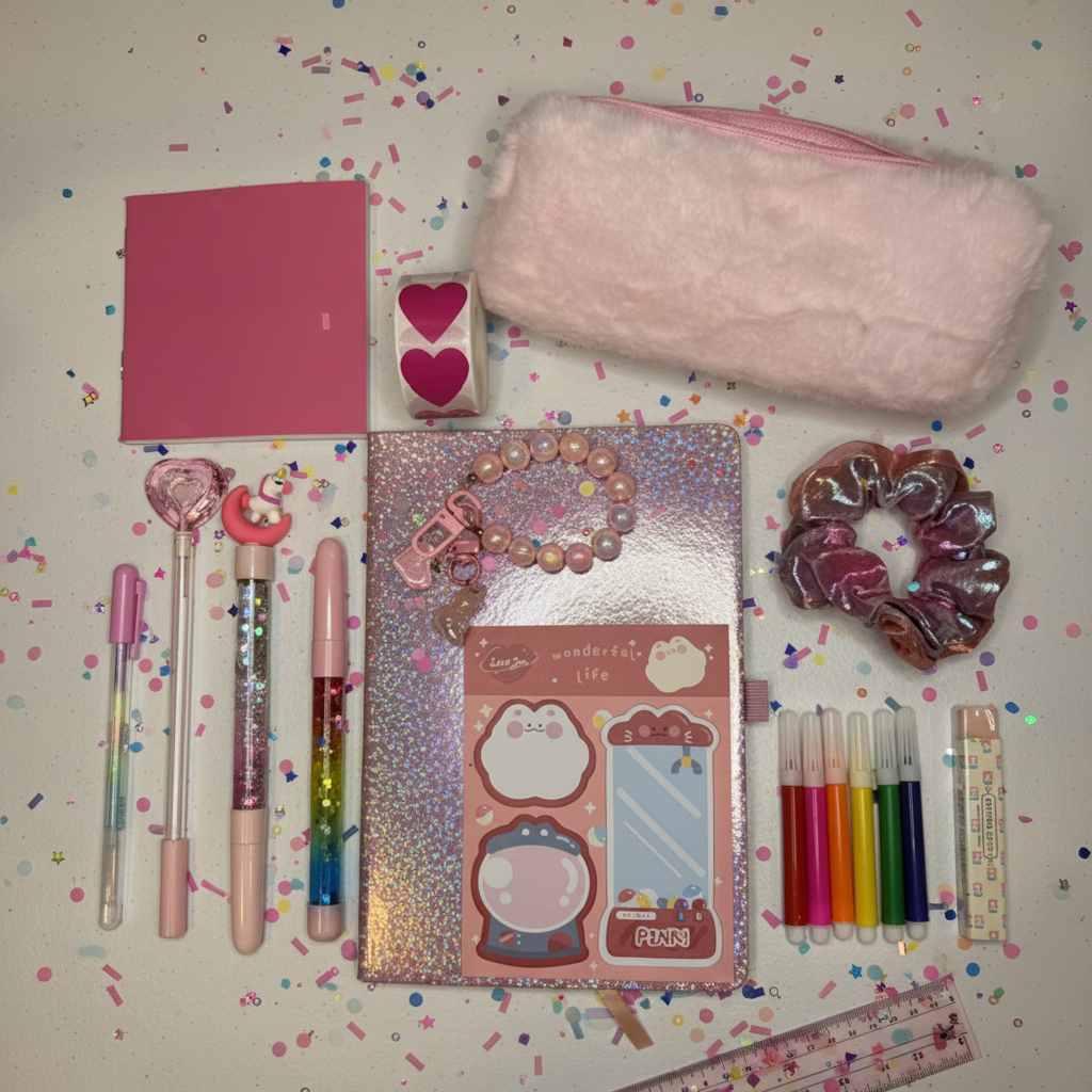 Premier Bundle pink stationery flat lay with confetti
