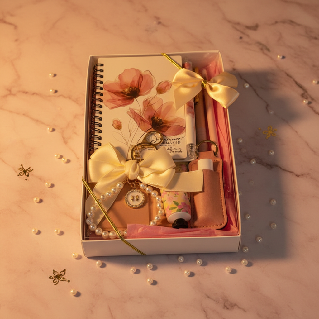 Luxurious pink mini self-care gift box on blush marble with pearl beads and gold foil accents