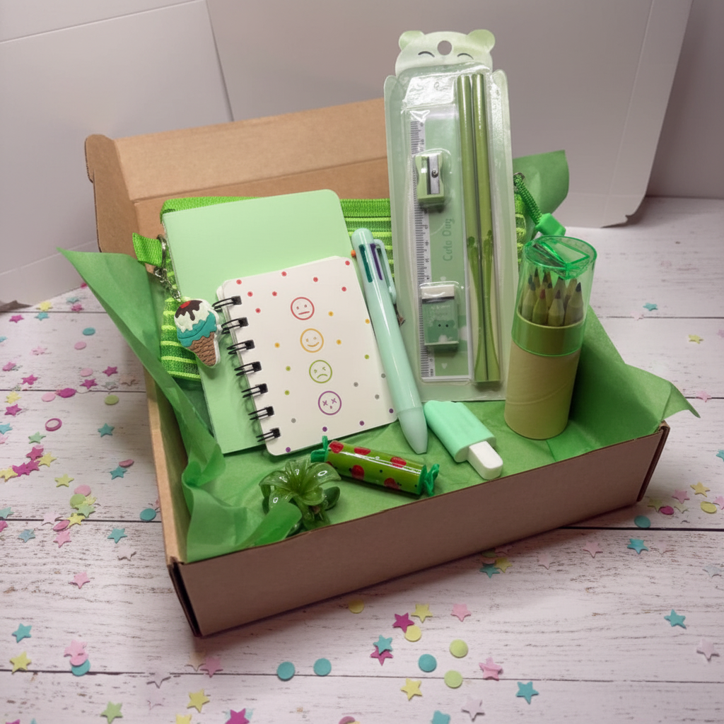 Green bundle in box with confetti on white wood surface