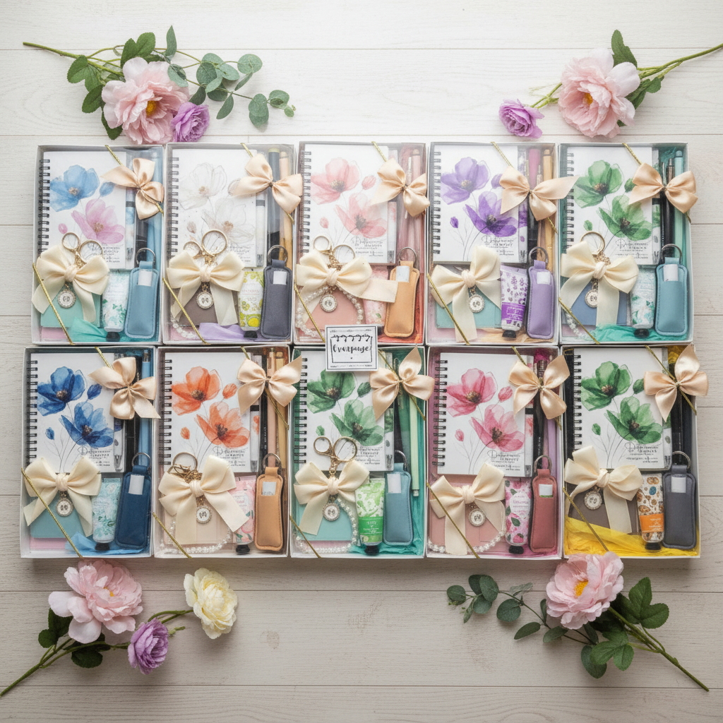 Warm and inviting mini self-care bundle gift sets with even studio lighting, floral notebooks, and fresh flowers