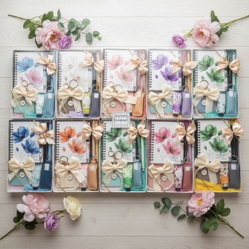 Warm and inviting mini self-care bundle gift sets with even studio lighting, floral notebooks, and fresh flowers