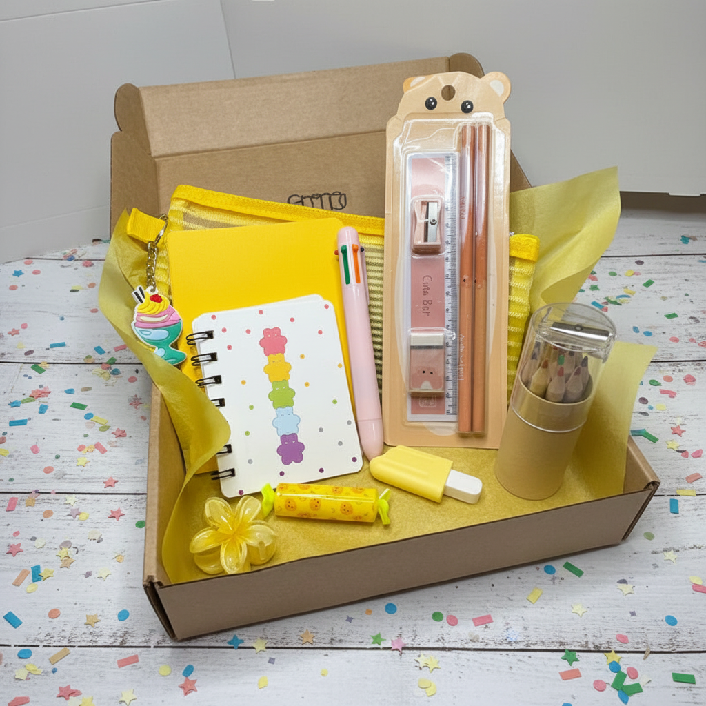 Yellow bundle in box with confetti on white wood surface