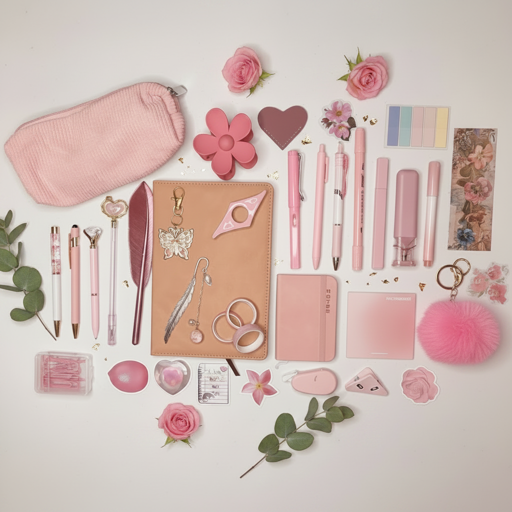 Elegant pink bundle flatlay with rosebuds, eucalyptus, and gold accents