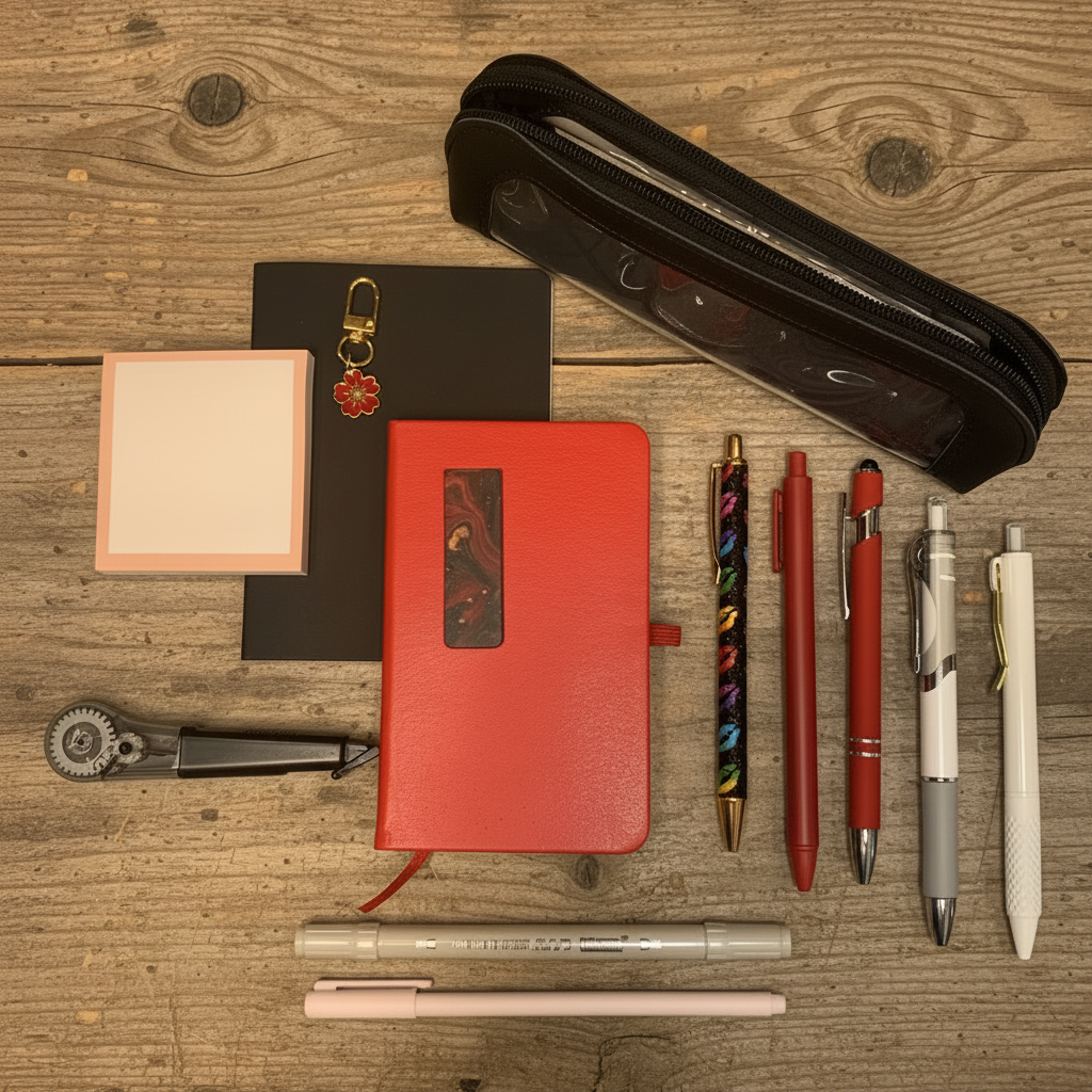 Black and red starter kit flat lay on rustic wood with cozy lighting