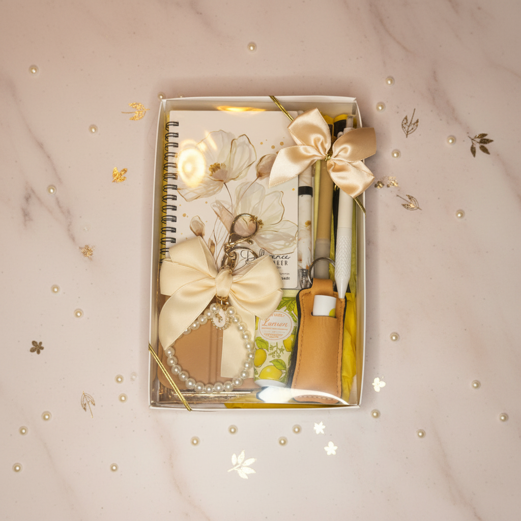 Luxurious yellow mini self-care gift box straight on view on blush marble with pearl beads and gold foil accents