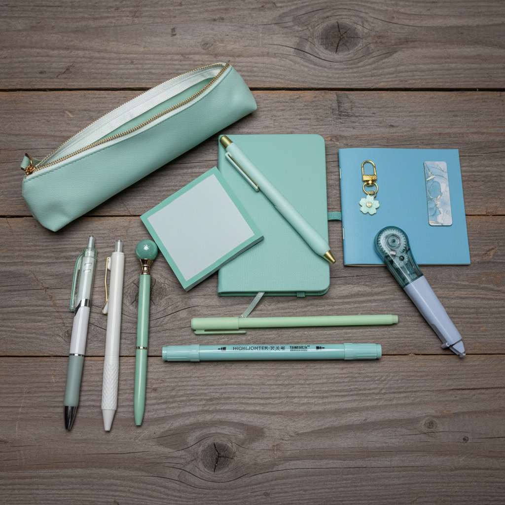 Teal starter kit flat lay on rustic wood surface