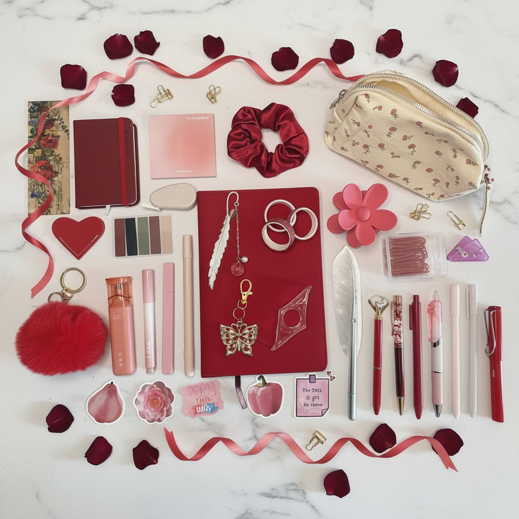 Elegant red bundle flatlay with journal, pens, charms, and accessories on marble background