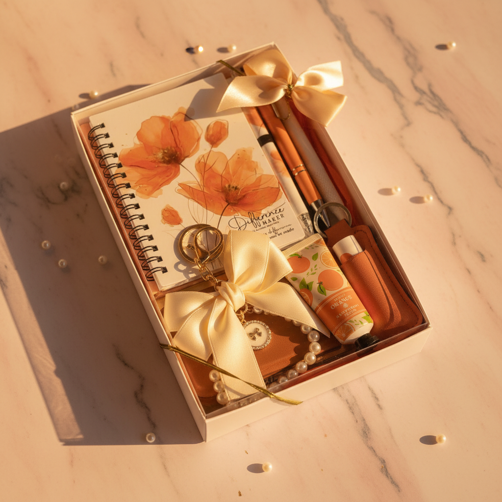 Luxurious orange mini self-care gift box on blush marble with pearl beads and gold foil accents