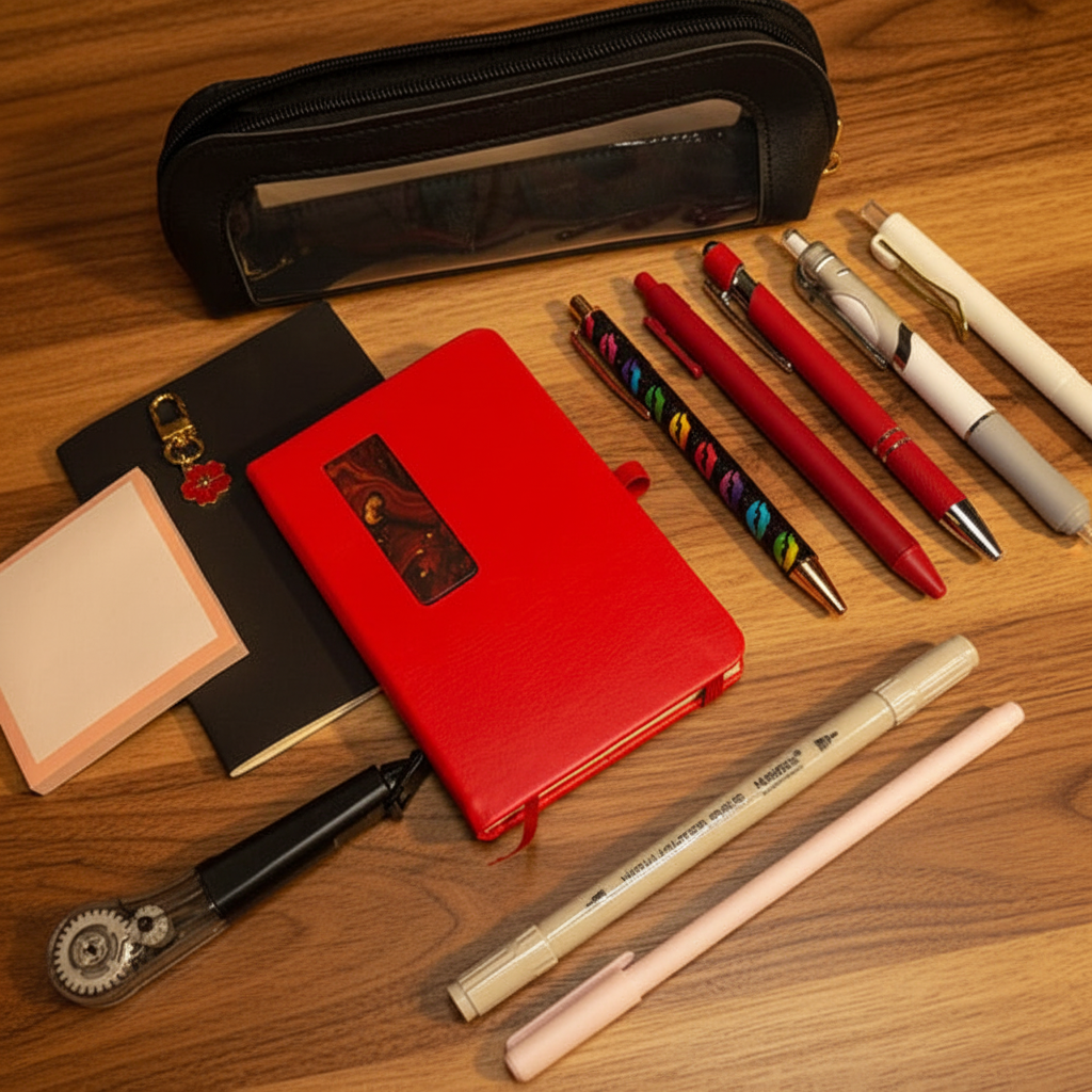Starter kit stationery flat lay on cozy wood surface