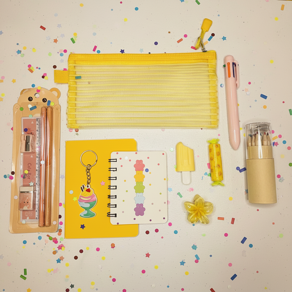 Yellow essentials flat lay with confetti