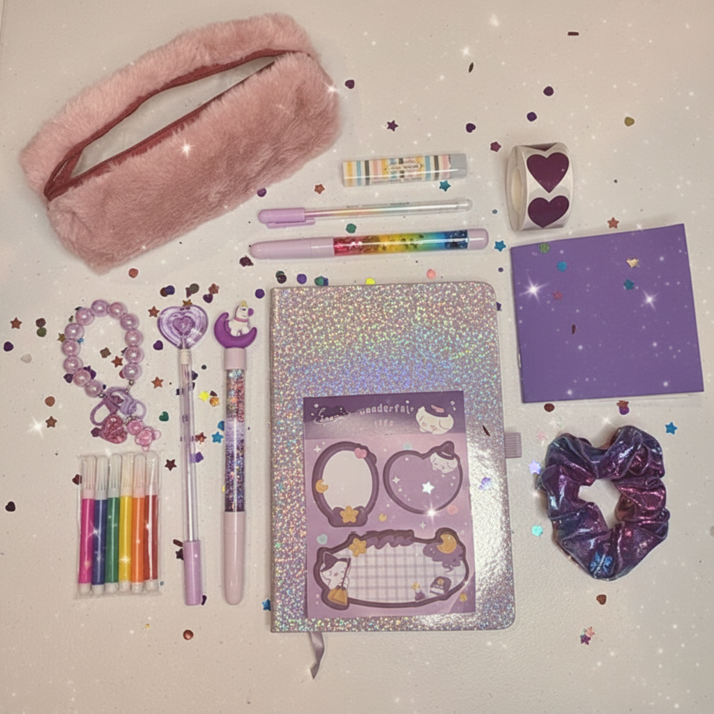 Purple Bundle Flat Lay with Confetti